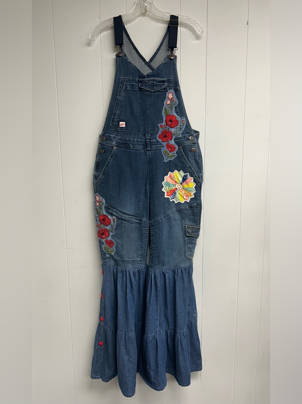 Duluth Trading Co Girls Denim Overall Dress with Floral Appliqués - Blue